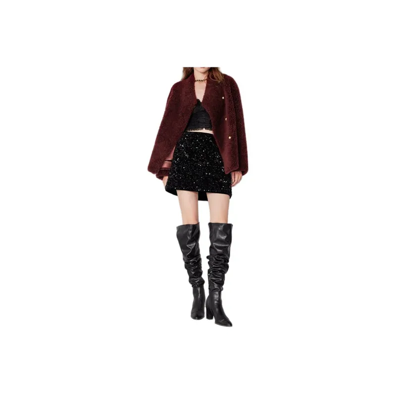 3COLOUR Velvet feel Coat Women's Burgundy-2