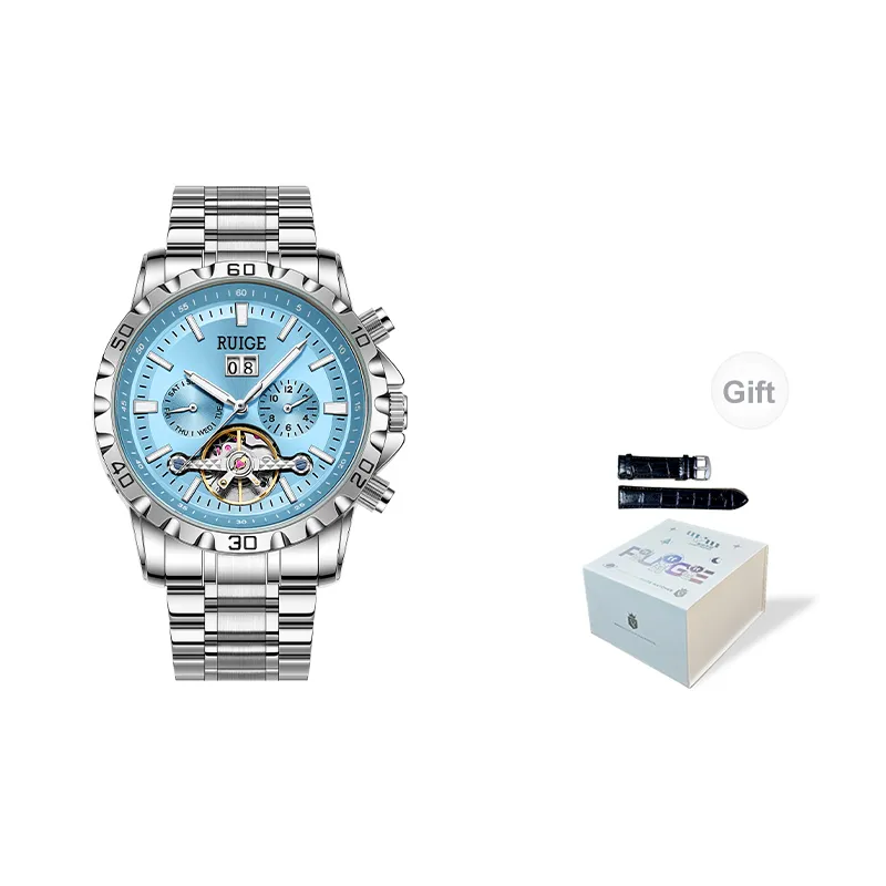 RUIGE Mechanical Movement Stainless Steel Watchband Men's Watches Blue Dial-1