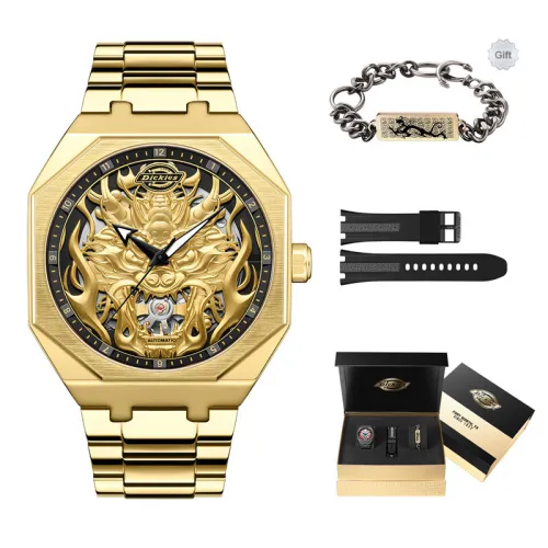 Dickies Wrist Watch Mechanical Movement Steel Strap Gold Dial Men's Watches Festival Classic Box