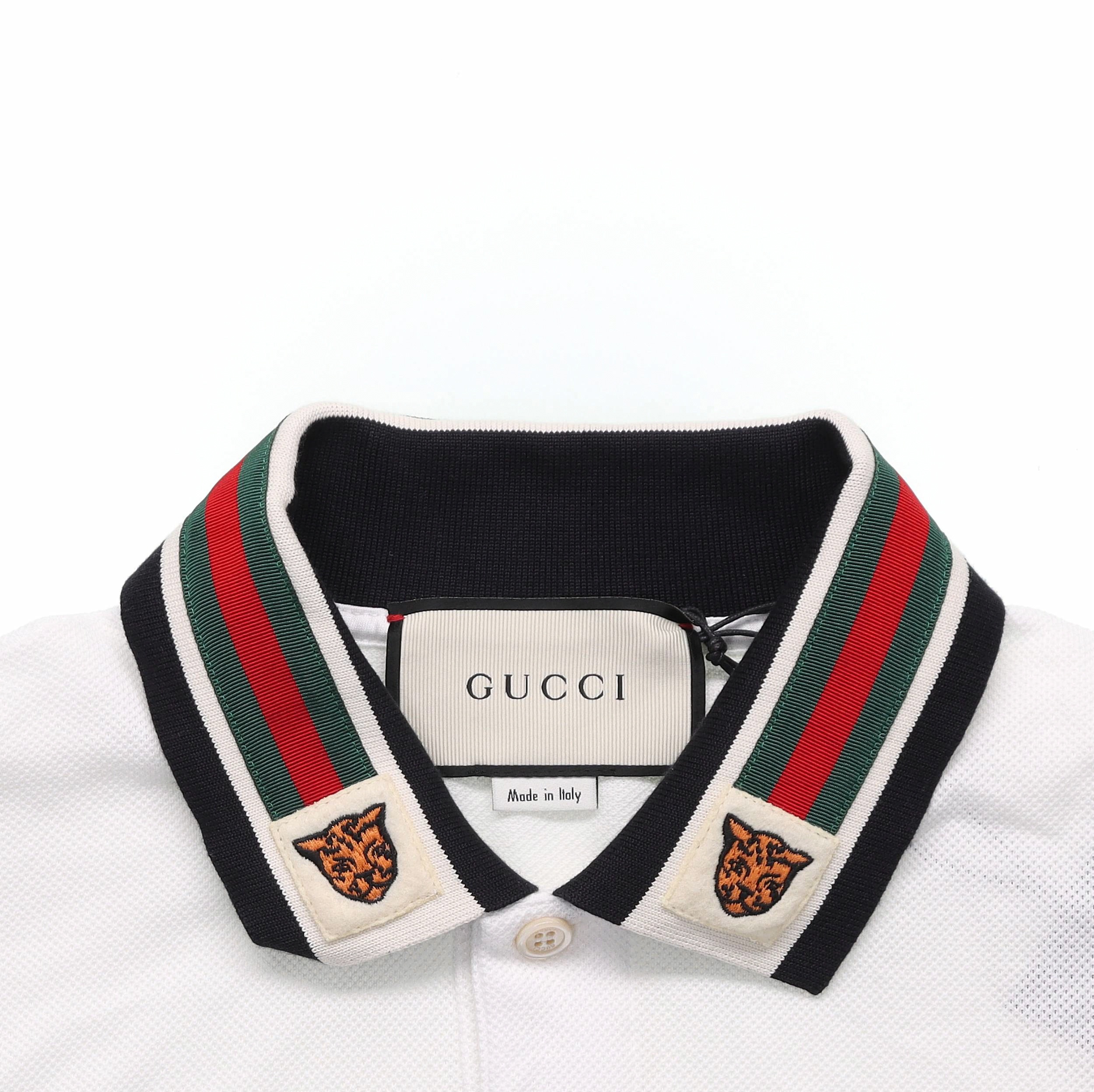 Gucci cotton polo with web and feline head best sale