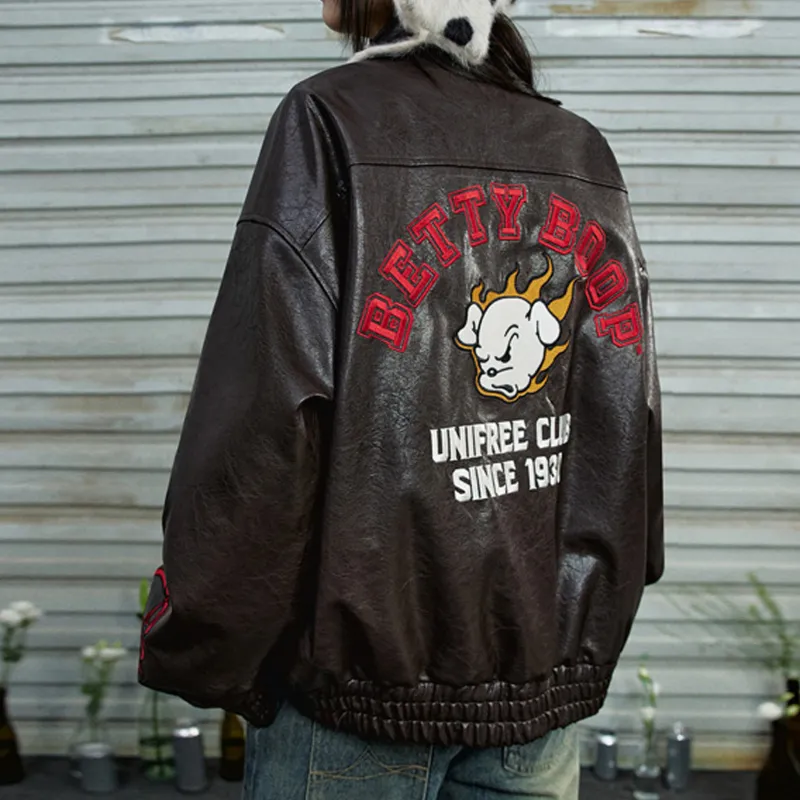UNIFREE x BETTY BOOP Leather Jacket Women's Brown-2