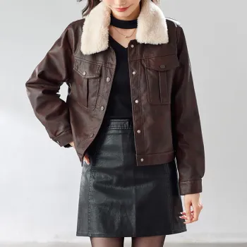 TERRE BLEUE Leather Jacket Women's Coffee