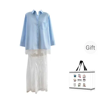 BDGU Skirt Set Women's Blue White Lace Two Piece Set