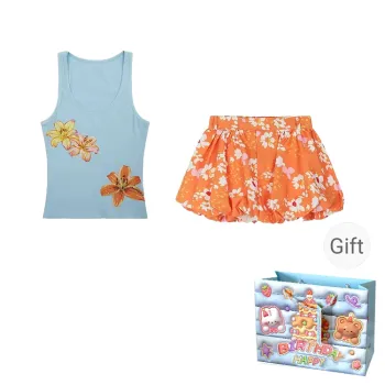 REMOULD Two Piece Skirt Sets Women's Blue Camisole/Orange Skirt Dress