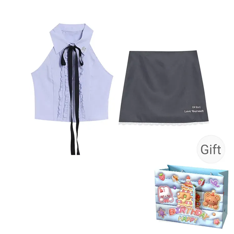 REMOULD Two Piece Skirt Sets Women's Blue Shirt/Gray Skirt-0