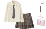 Custard Shirt+Brown Checkered A-Line Skirt