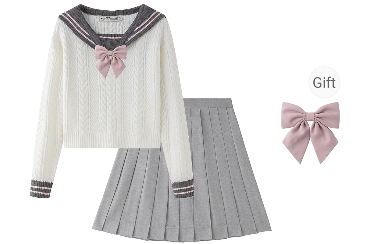 Tokyo Season Two Piece Skirt Sets Women's White Sweater+Gray Pleated Skirt