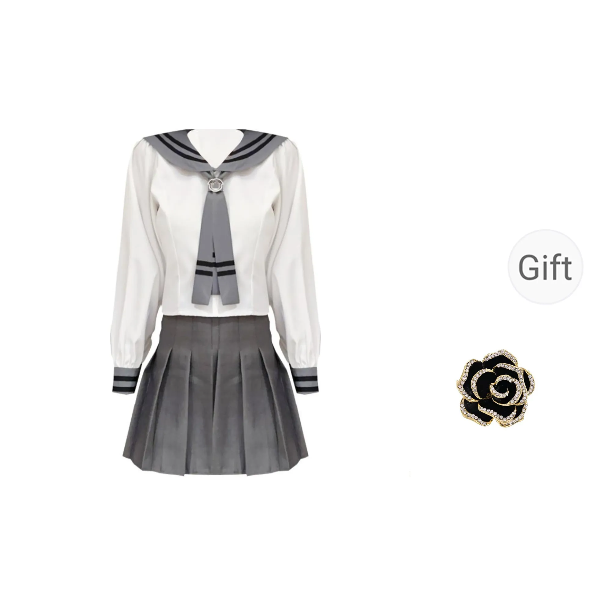 ONNFB Two Piece Skirt Sets Women's Long Sleeved Shirt+Gray Pleated Skirt