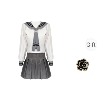 ONNFB Two Piece Skirt Sets Women's Long Sleeved Shirt+Gray Pleated Skirt