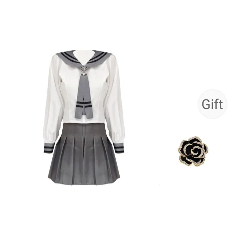 ONNFB Two Piece Skirt Sets Women's Long Sleeved Shirt+Gray Pleated Skirt-0