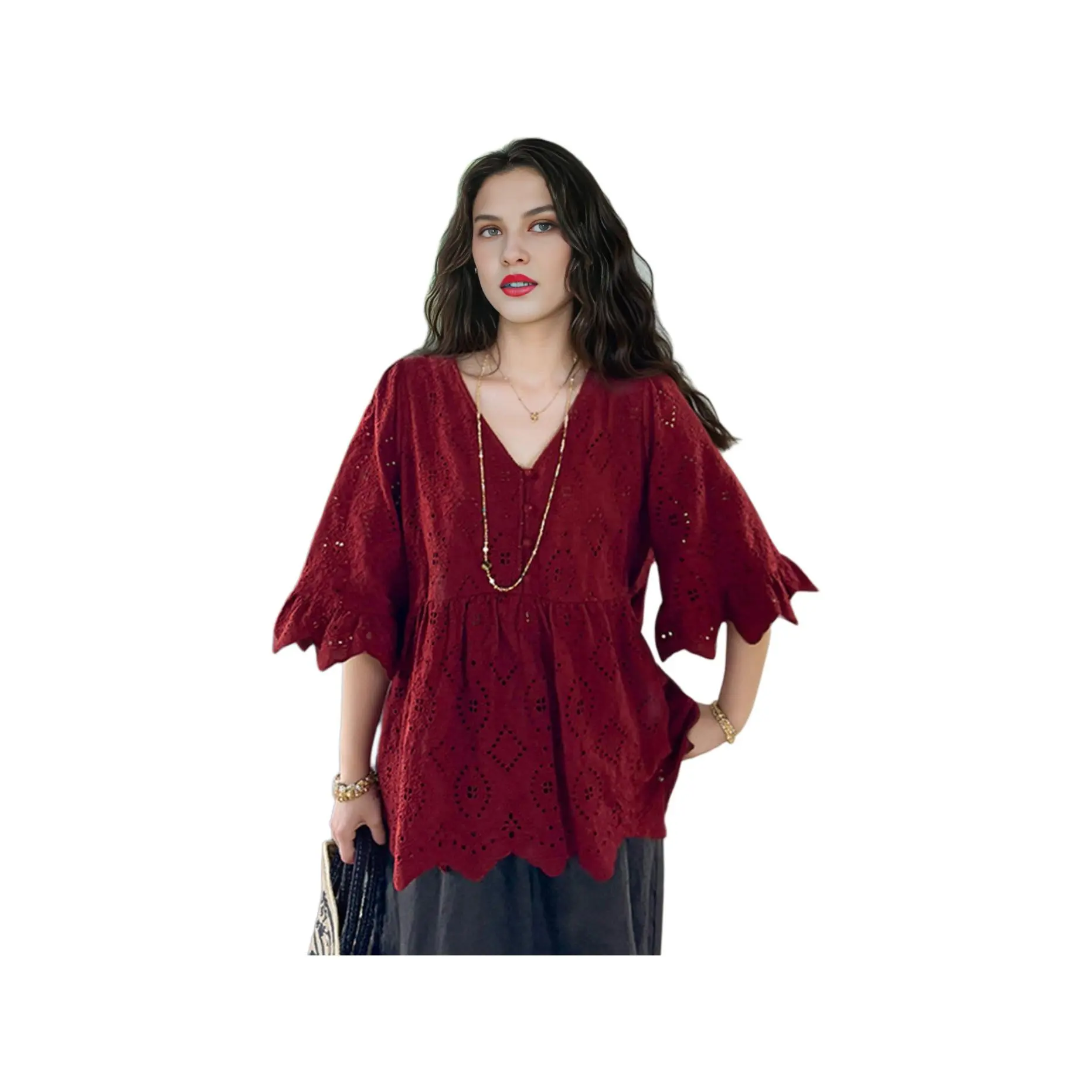 Wbwq Бордовый Женские Шифоновые Рубашки