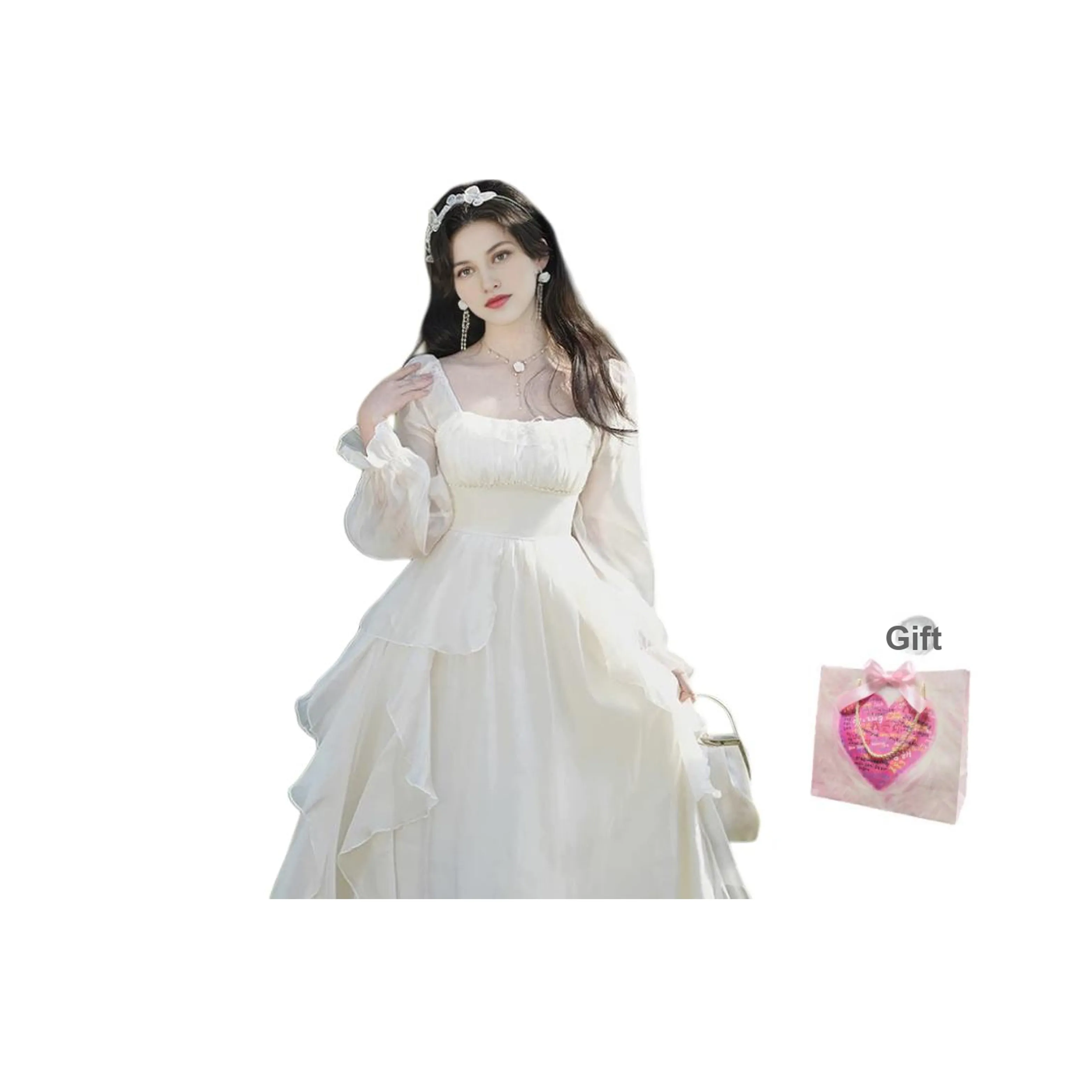 COSYISM Длинное платье с длинными рукавами женское абрикосово-белый