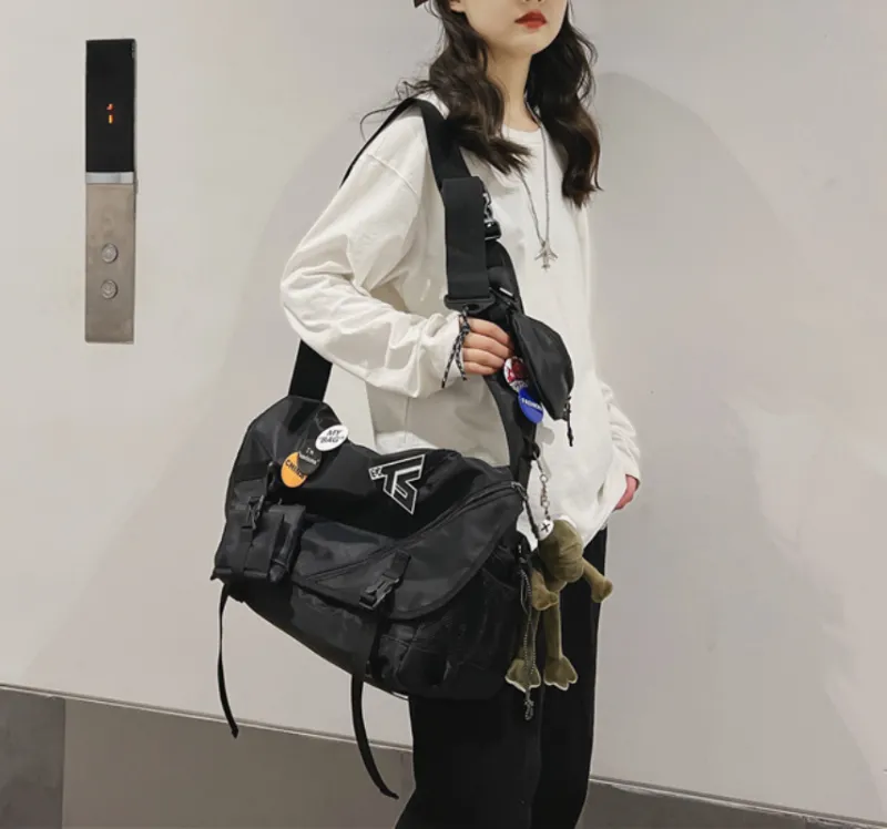 Deli Bear Nylon Travel Backpack Workwear Bag Crossbody Bag Shoulder Bag Unisex Black-5