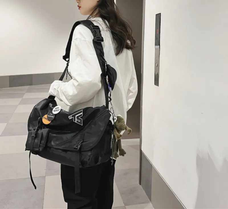 Deli Bear Nylon Travel Backpack Workwear Bag Crossbody Bag Shoulder Bag Unisex Black-2